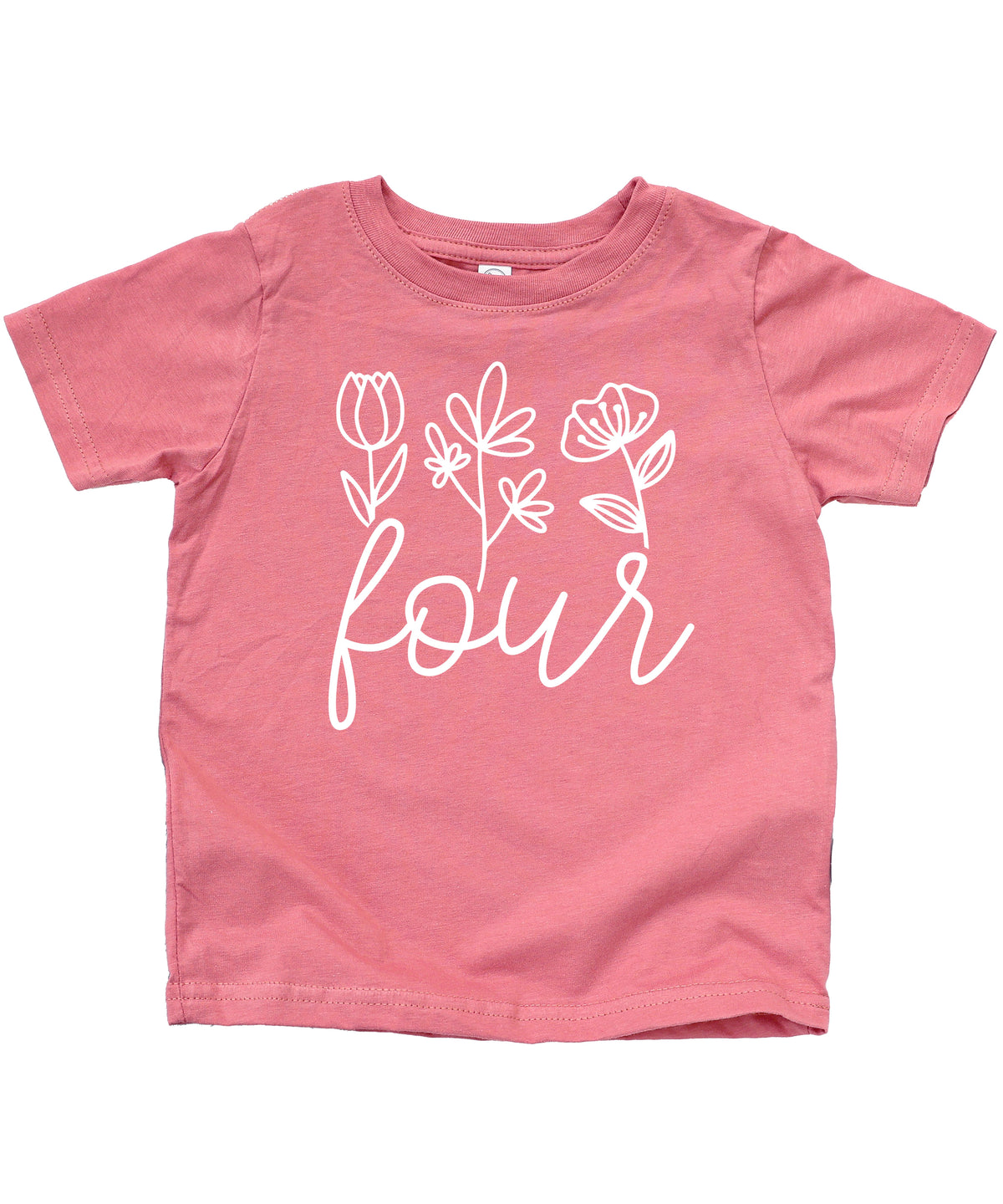 Four Floral 4th birthday shirt for toddler girls, white on mauve, view 4
