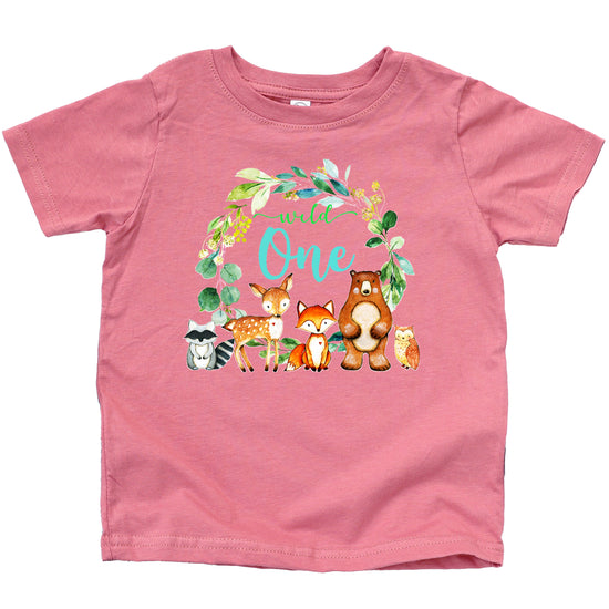 Baby wearing mauve Wild One woodland animals first birthday shirt