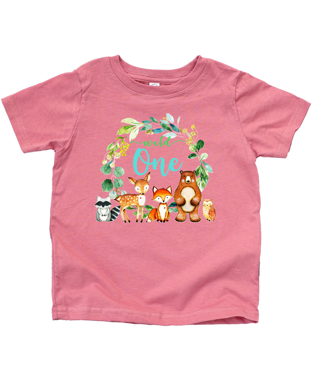 Baby wearing mauve Wild One woodland animals first birthday shirt