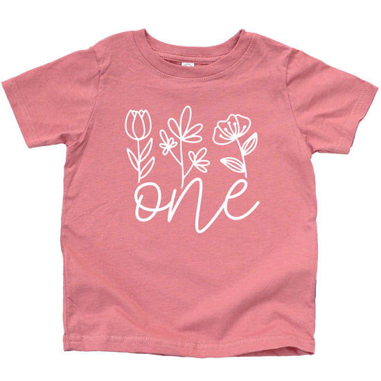 Floral One first birthday shirt for baby girls in white on mauve, fourth view