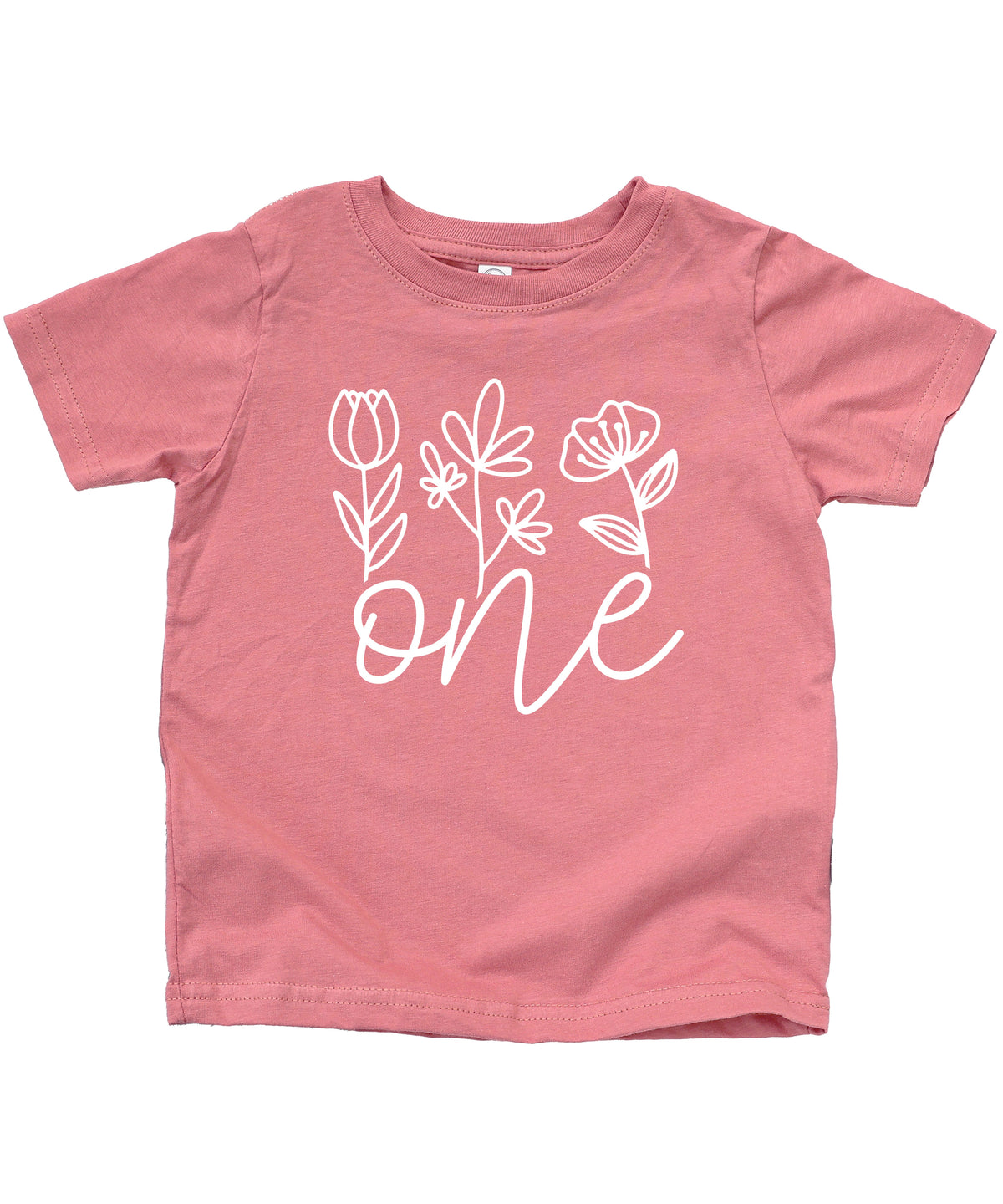 Floral One first birthday shirt for baby girls in white on mauve, fourth view