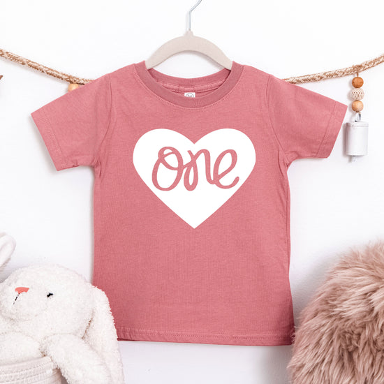 One in a Heart girls first birthday shirt, White on Mauve, additional view 4