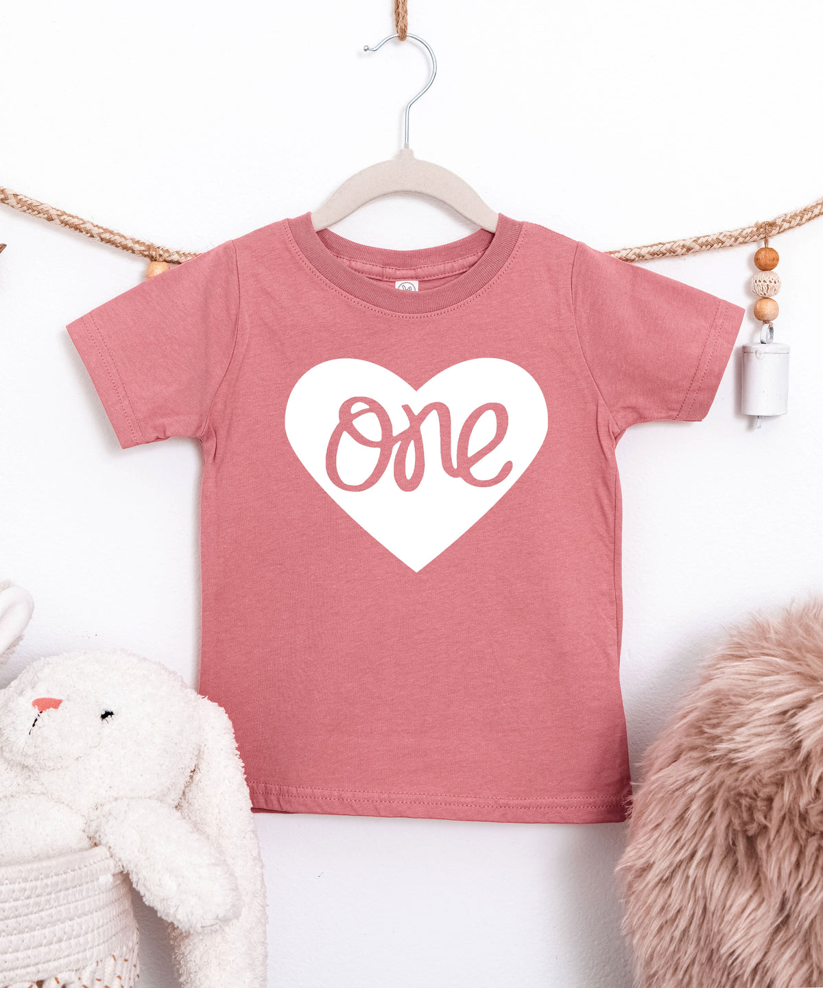 One in a Heart girls first birthday shirt, White on Mauve, additional view 4