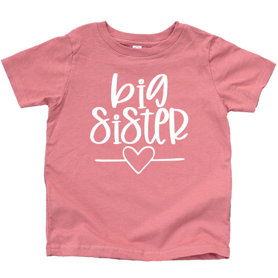 Big Sister heart sibling reveal t-shirt in white on mauve, fourth view