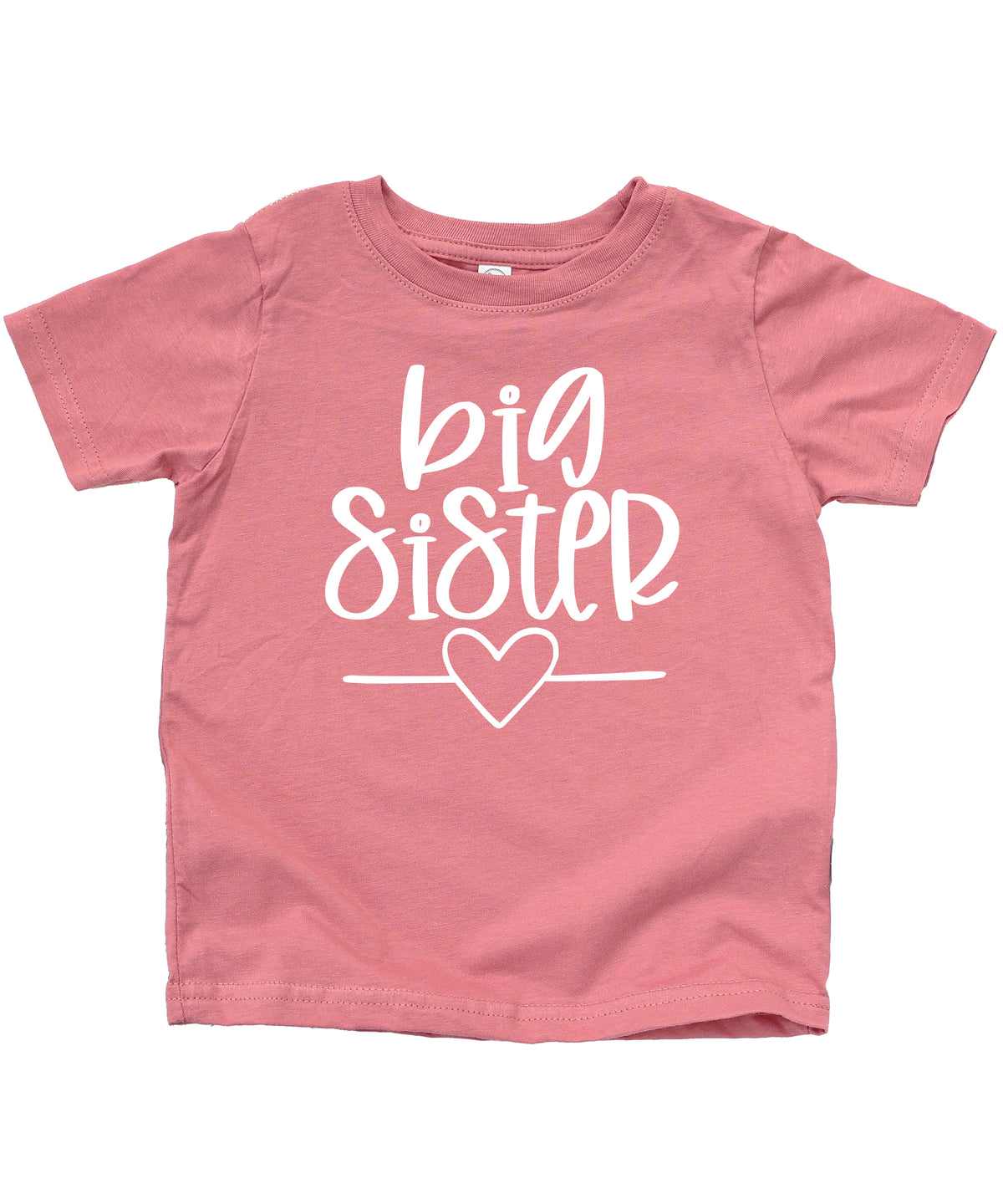 Big Sister heart sibling reveal t-shirt in white on mauve, fourth view