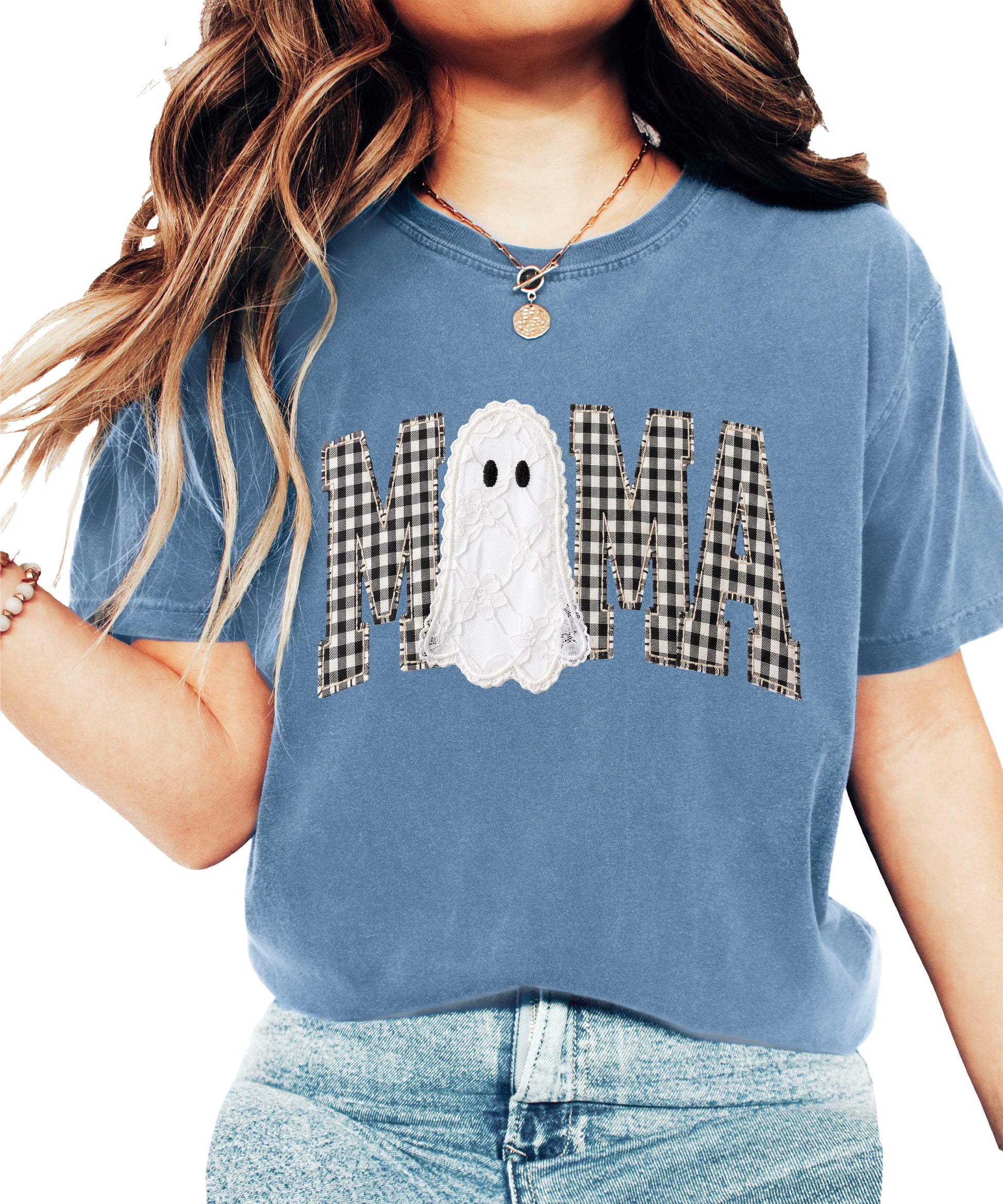 Blue Jean Comfort Colors t-shirt with ink-printed MAMA gingham check lettering and lace-look ghost Halloween graphic, front view