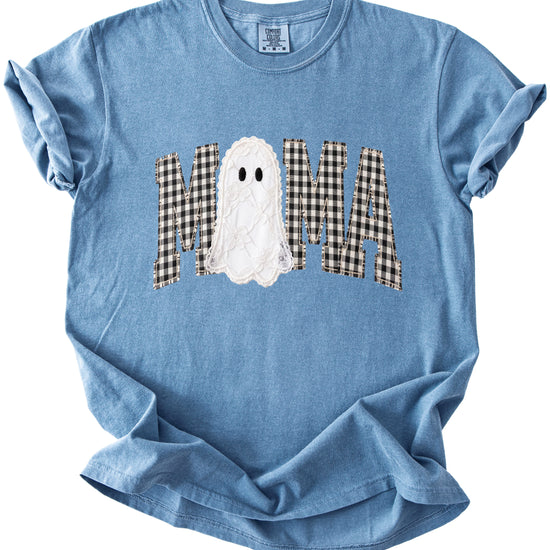 Blue Jean Comfort Colors MAMA ghost Halloween t-shirt, styled lifestyle view