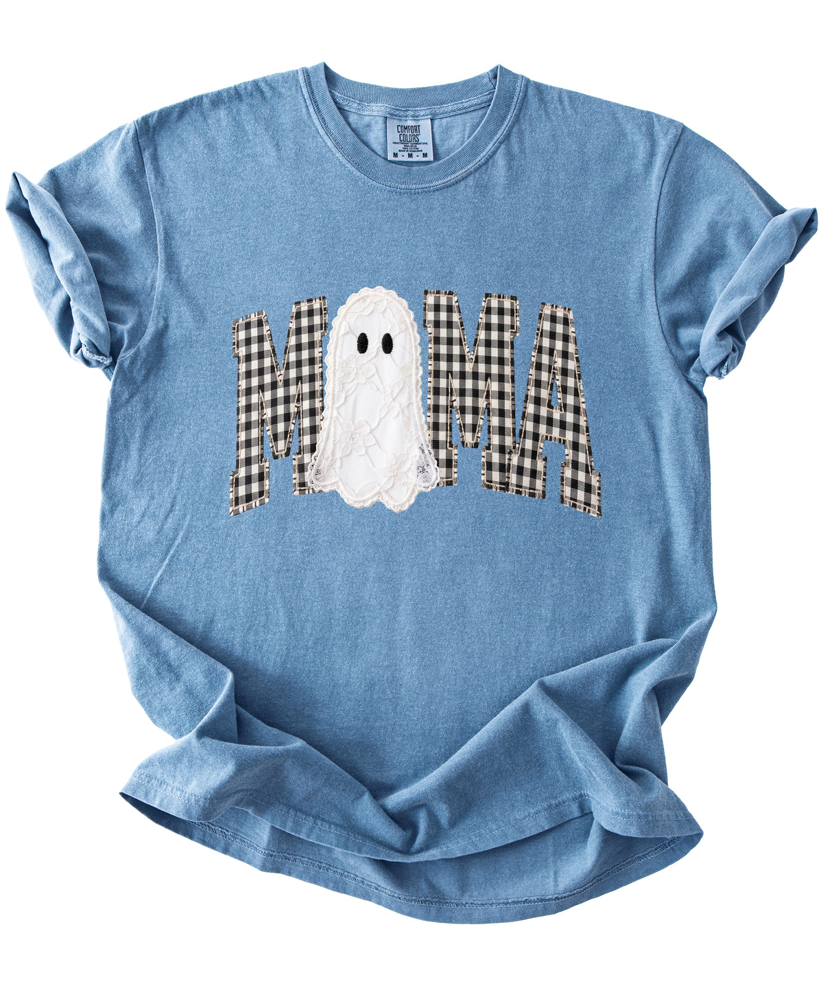 Blue Jean Comfort Colors MAMA ghost Halloween t-shirt, styled lifestyle view