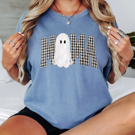 Blue Jean Comfort Colors MAMA ghost Halloween t-shirt, detail view
