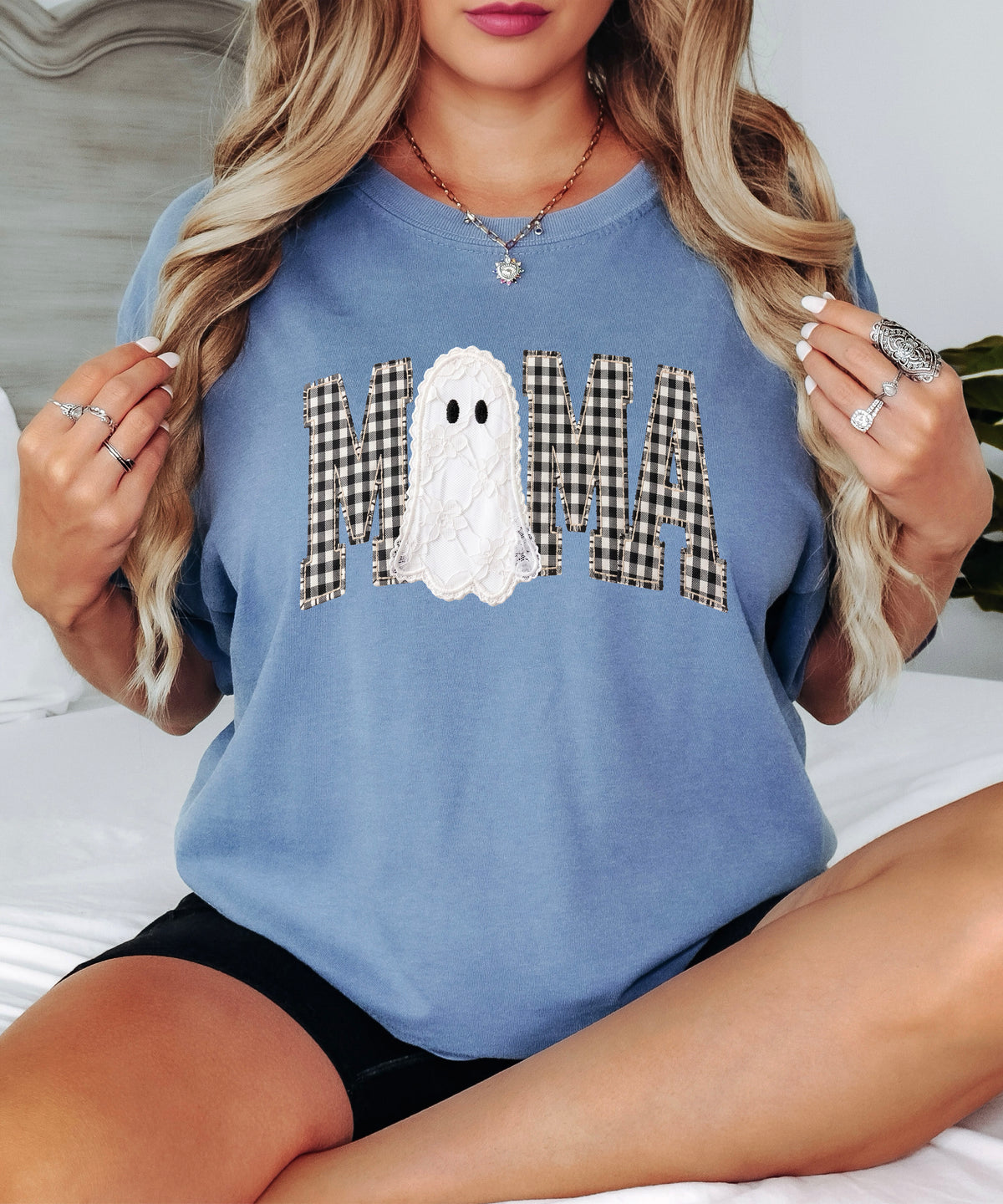 Blue Jean Comfort Colors MAMA ghost Halloween t-shirt, detail view