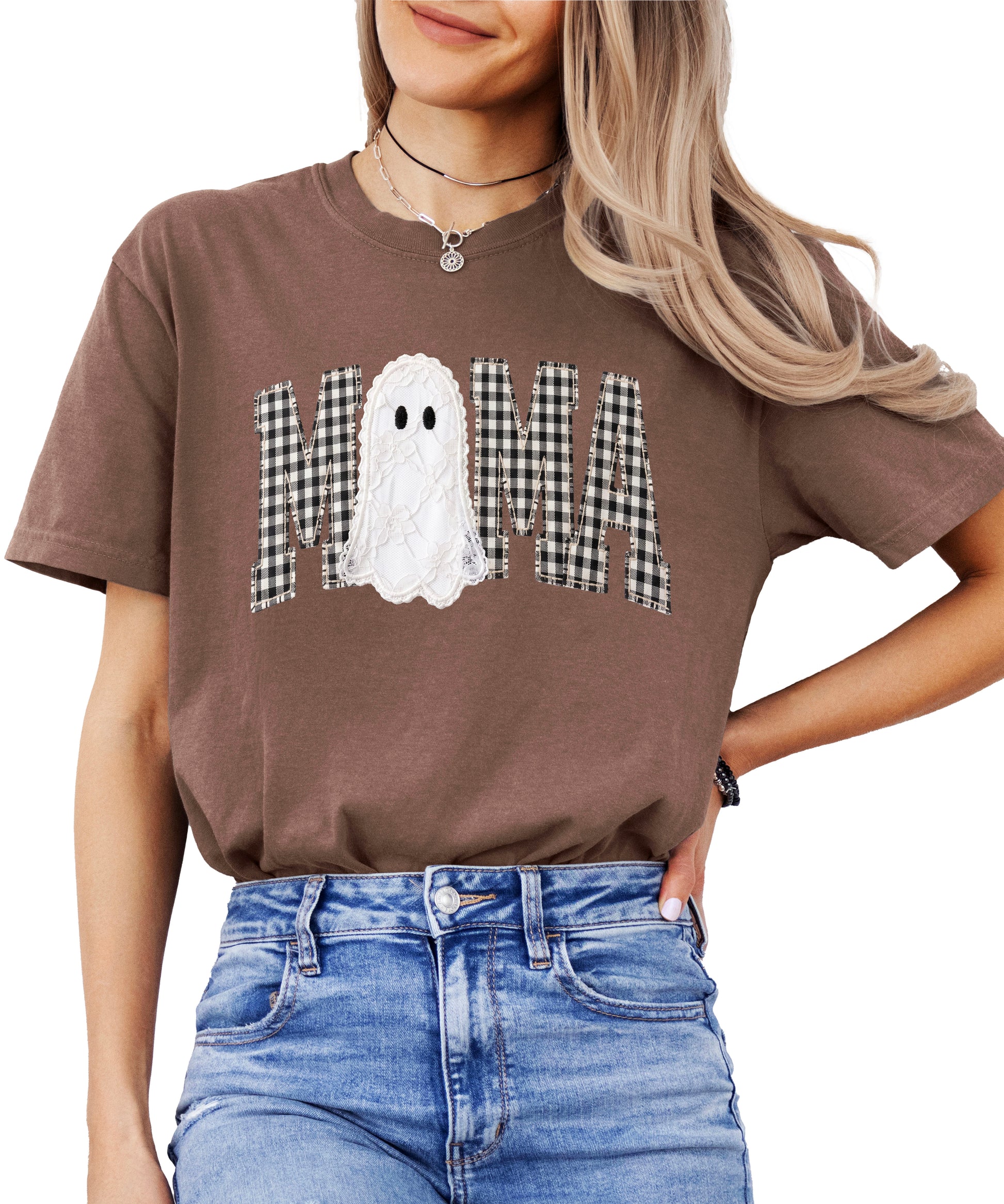 Espresso brown Comfort Colors t-shirt with ink-printed MAMA gingham check lettering and lace-look ghost Halloween graphic, front view