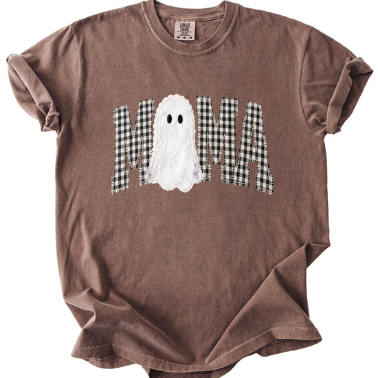 Espresso brown Comfort Colors MAMA ghost Halloween t-shirt, styled lifestyle view