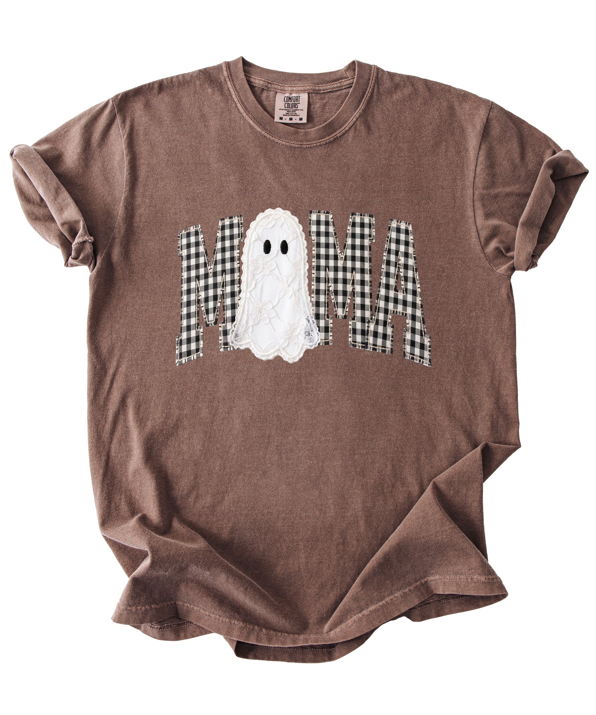 Espresso brown Comfort Colors MAMA ghost Halloween t-shirt, styled lifestyle view