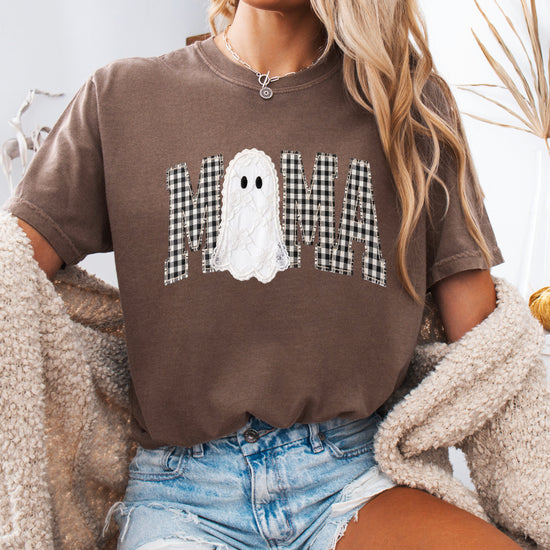 Espresso brown Comfort Colors MAMA ghost Halloween t-shirt, detail view