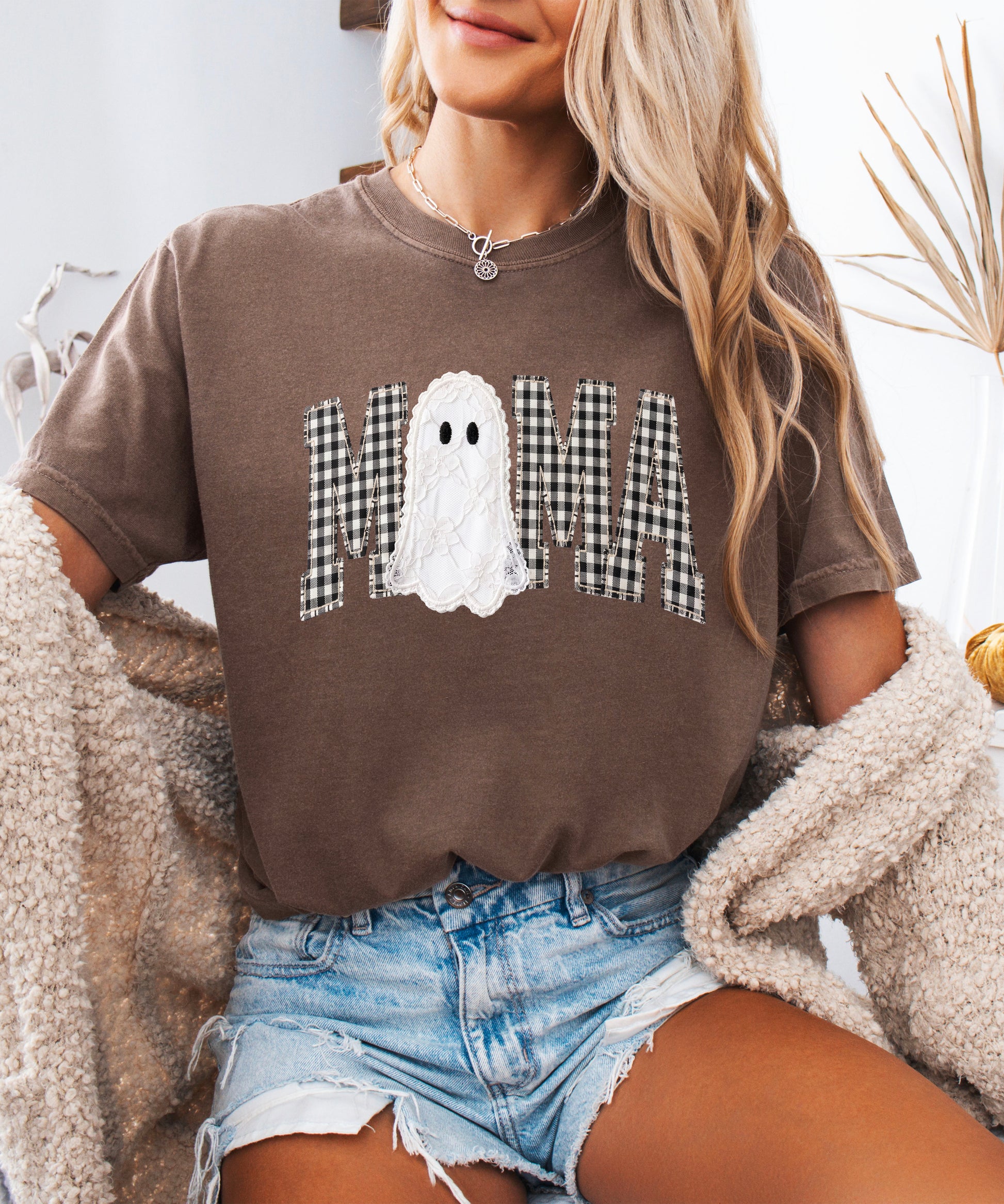 Espresso brown Comfort Colors MAMA ghost Halloween t-shirt, detail view