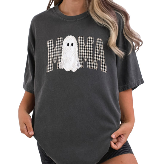 Pepper grey Comfort Colors t-shirt with ink-printed MAMA gingham check lettering and lace-look ghost Halloween graphic, front view