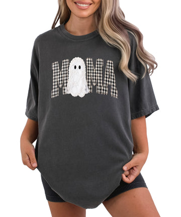 Pepper grey Comfort Colors t-shirt with ink-printed MAMA gingham check lettering and lace-look ghost Halloween graphic, front view