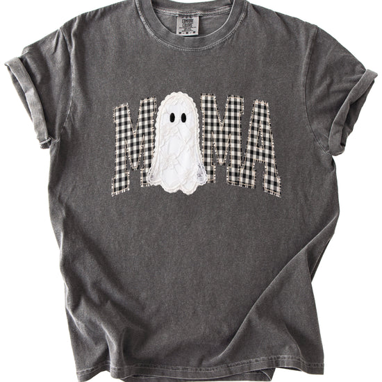 Pepper grey Comfort Colors MAMA ghost Halloween t-shirt, styled lifestyle view