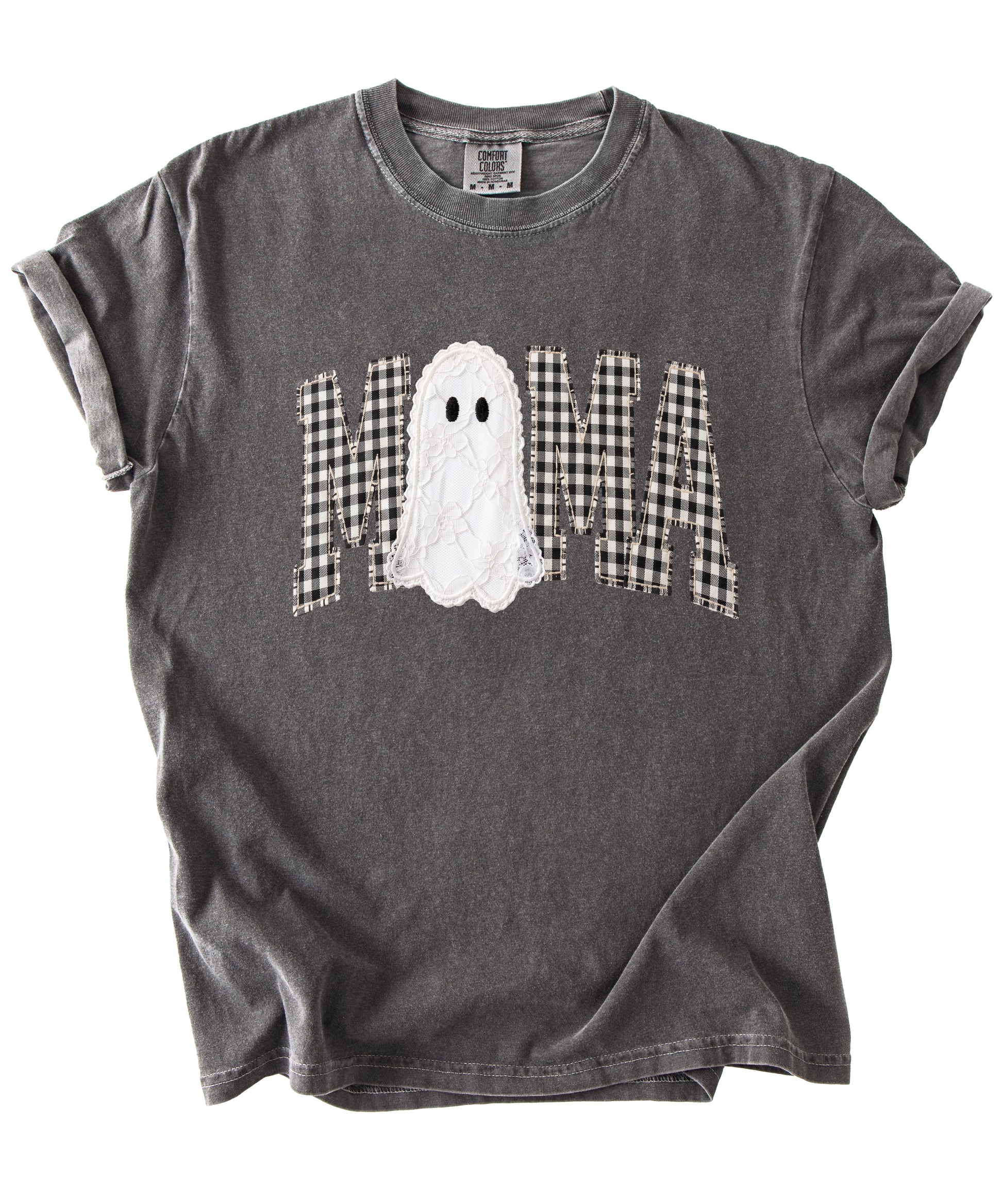 Pepper grey Comfort Colors MAMA ghost Halloween t-shirt, styled lifestyle view