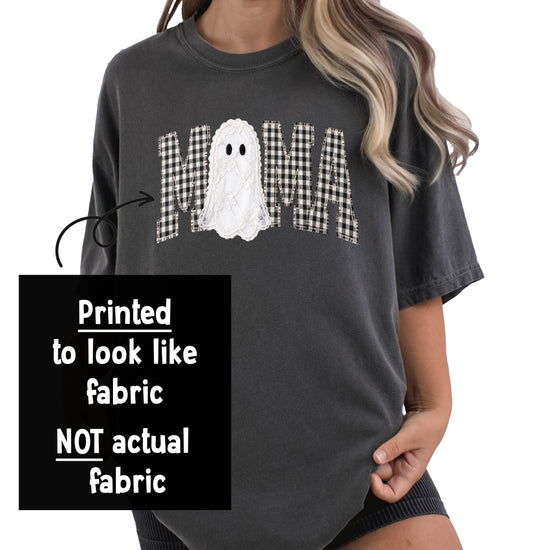 Close-up of the ink-printed MAMA gingham check lettering with lace-look ghost Halloween graphic
