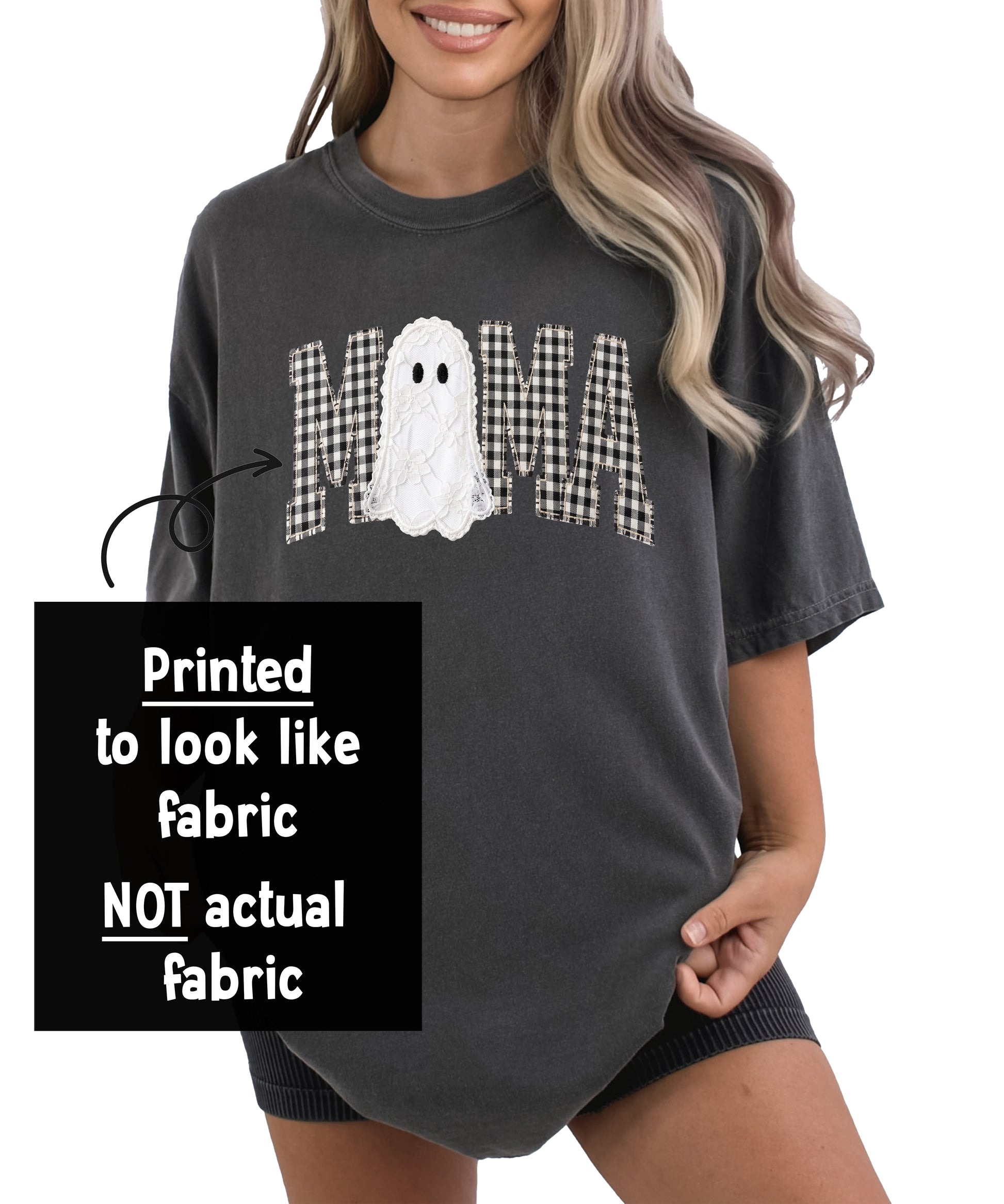Close-up of the ink-printed MAMA gingham check lettering with lace-look ghost Halloween graphic