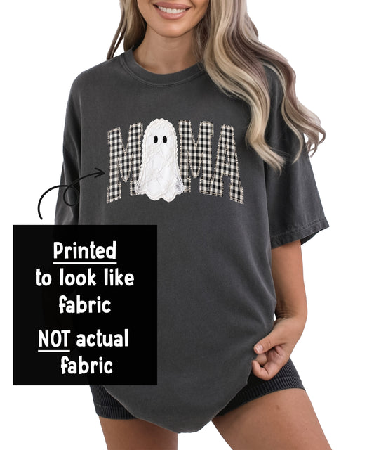 Close-up of the ink-printed MAMA gingham check lettering with lace-look ghost Halloween graphic