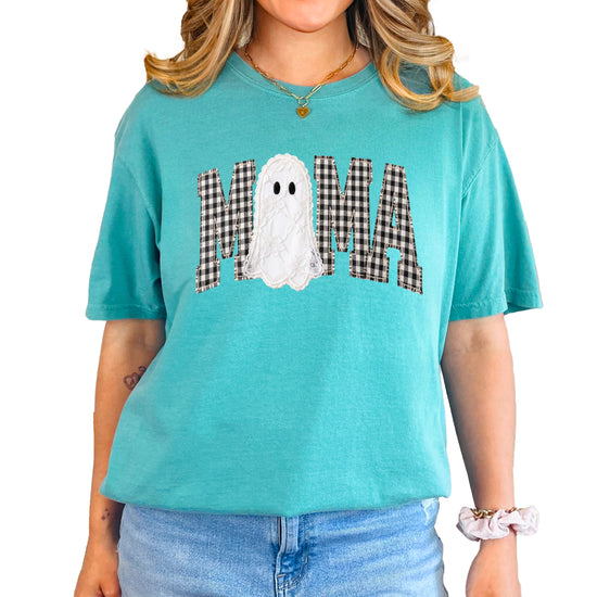 Seafoam Comfort Colors t-shirt with ink-printed MAMA gingham check lettering and lace-look ghost Halloween graphic, front view