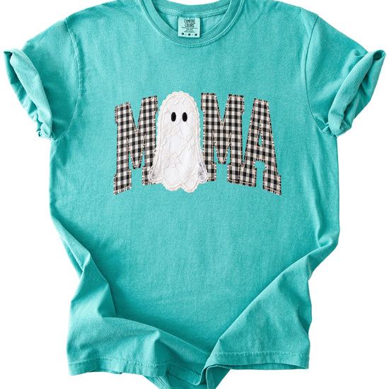 Seafoam Comfort Colors MAMA ghost Halloween t-shirt, styled lifestyle view