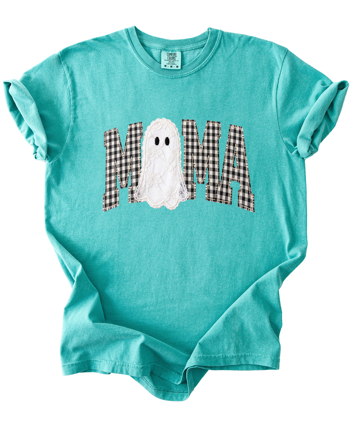 Seafoam Comfort Colors MAMA ghost Halloween t-shirt, styled lifestyle view