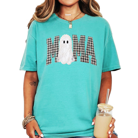 Seafoam Comfort Colors MAMA ghost Halloween t-shirt, detail view