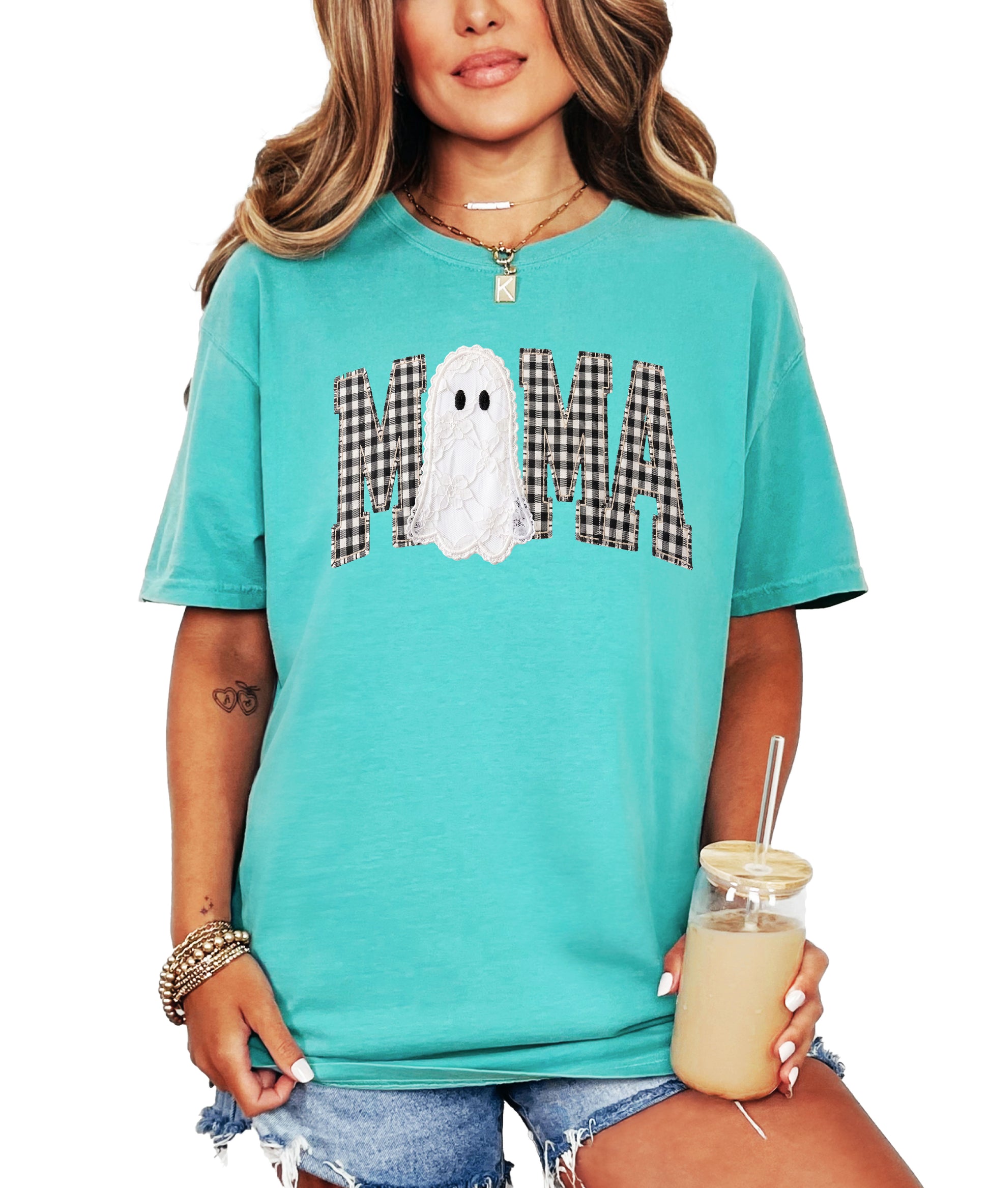 Seafoam Comfort Colors MAMA ghost Halloween t-shirt, detail view