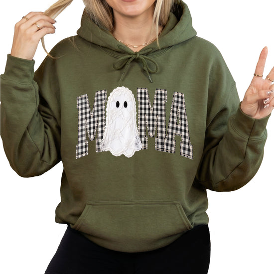 Army green hoodie with ink-printed black and white gingham MAMA lettering and a lace-look ghost, front view