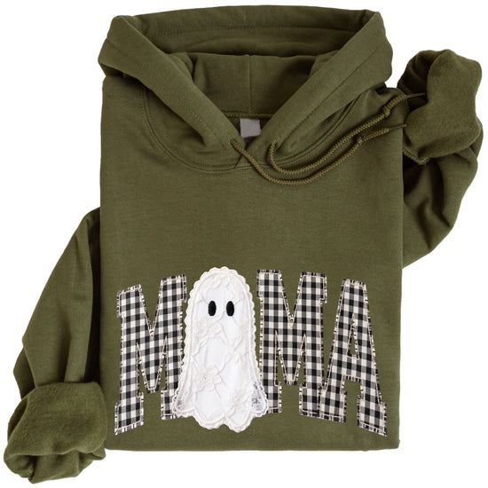 Army green gingham MAMA ghost Halloween hoodie, styled detail shot