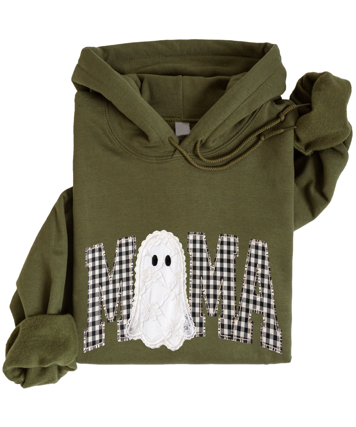 Army green gingham MAMA ghost Halloween hoodie, styled detail shot