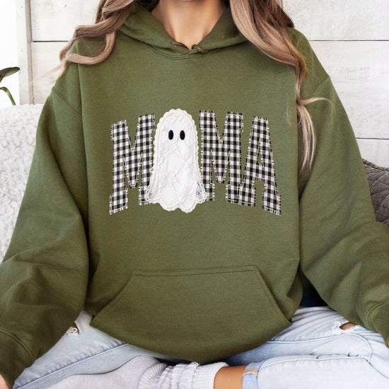 Army green gingham MAMA ghost Halloween hoodie, lifestyle shot