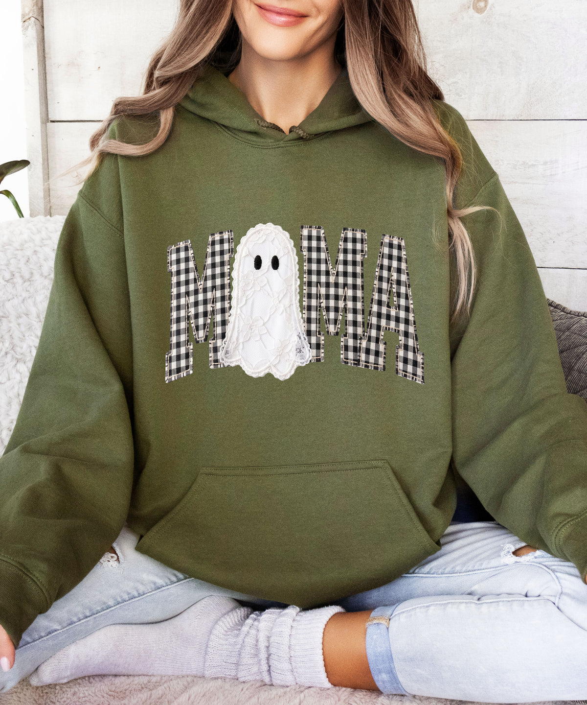 Army green gingham MAMA ghost Halloween hoodie, lifestyle shot