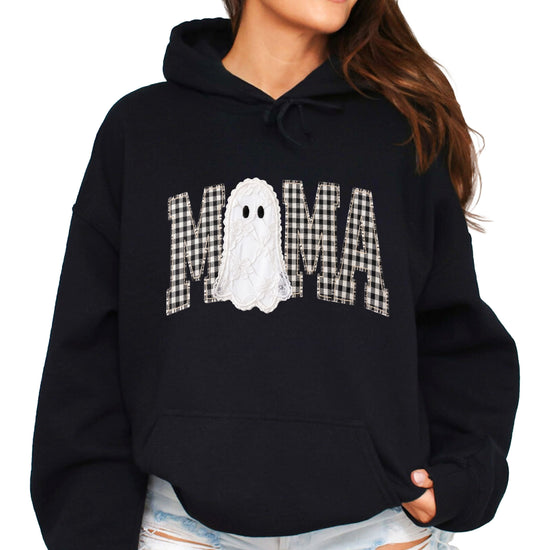 Black hoodie with ink-printed black and white gingham MAMA lettering and a lace-look ghost, front view