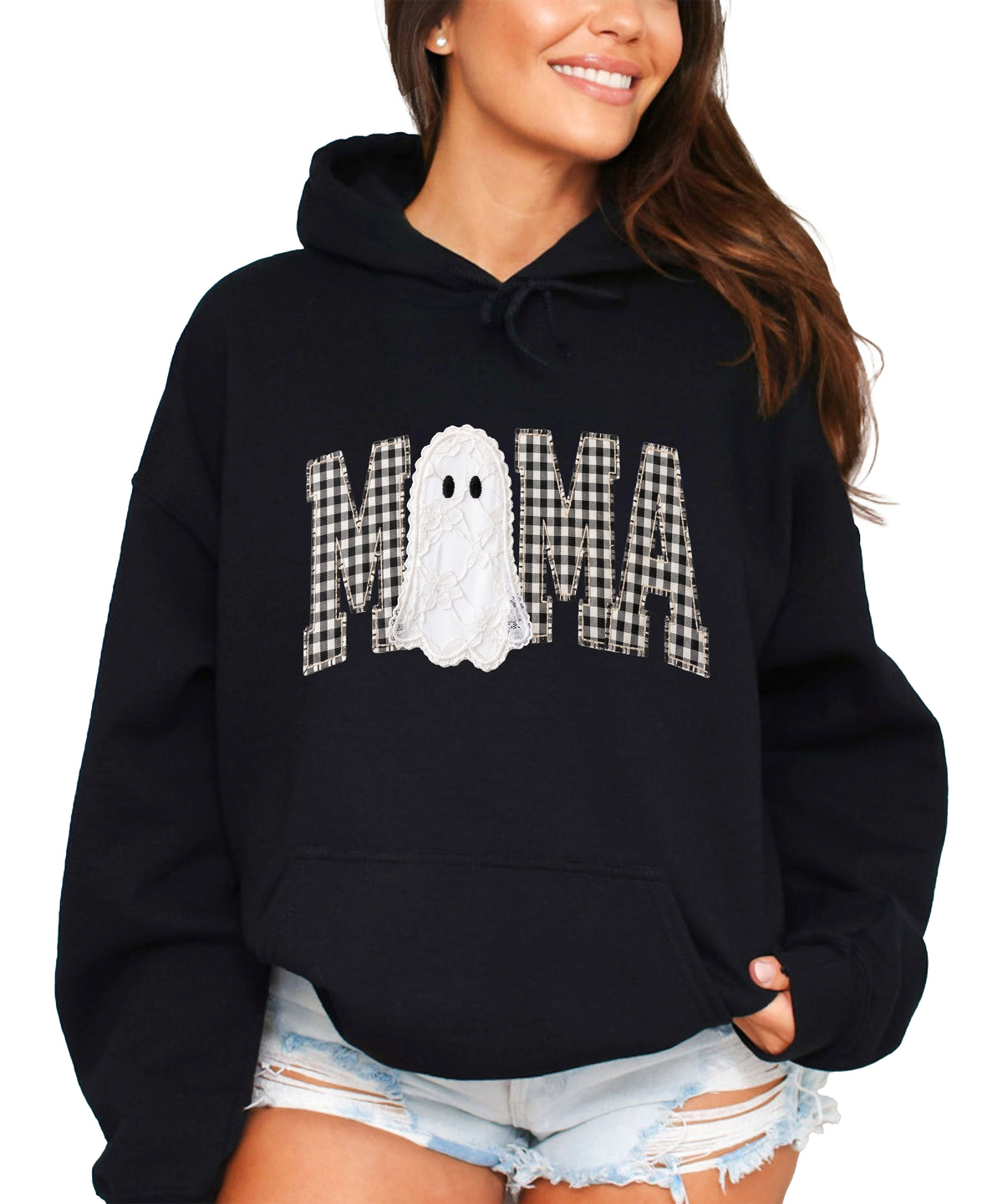 Black hoodie with ink-printed black and white gingham MAMA lettering and a lace-look ghost, front view
