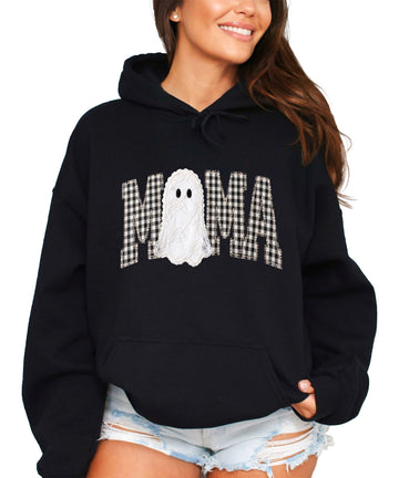 Black hoodie with ink-printed black and white gingham MAMA lettering and a lace-look ghost, front view