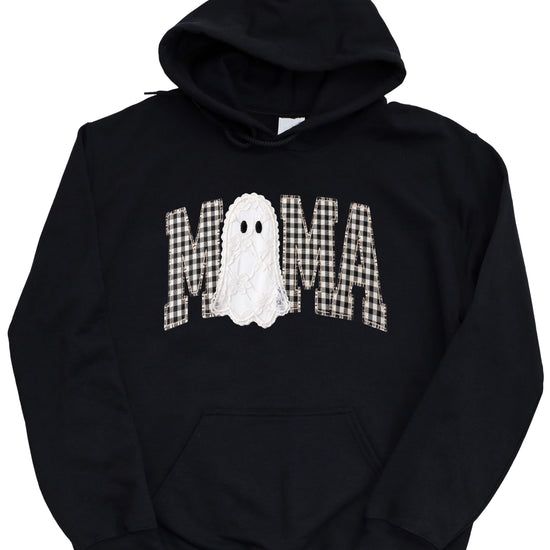 Black gingham MAMA ghost Halloween hoodie, styled detail shot
