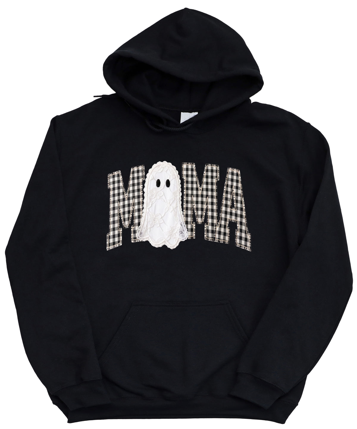 Black gingham MAMA ghost Halloween hoodie, styled detail shot