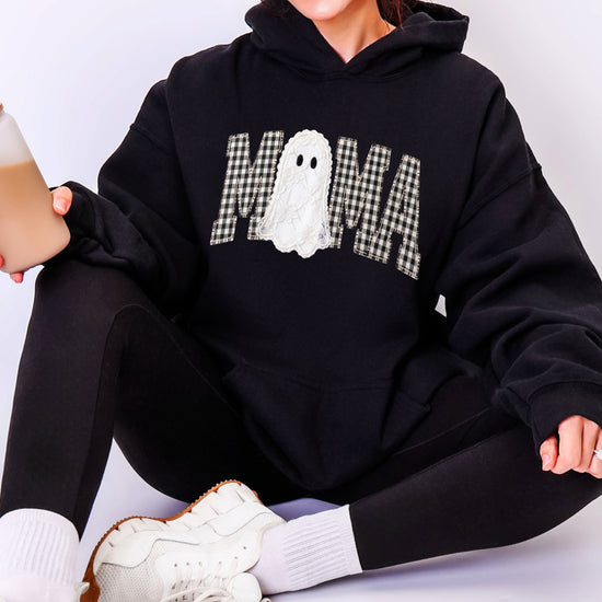 Black gingham MAMA ghost Halloween hoodie, lifestyle shot