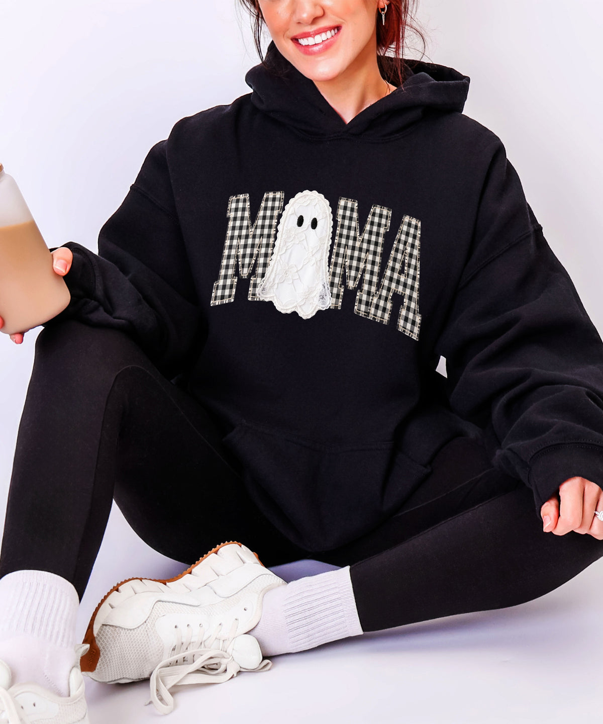 Black gingham MAMA ghost Halloween hoodie, lifestyle shot