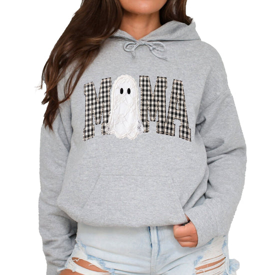 Gray hoodie with ink-printed black and white gingham MAMA lettering and a lace-look ghost, front view