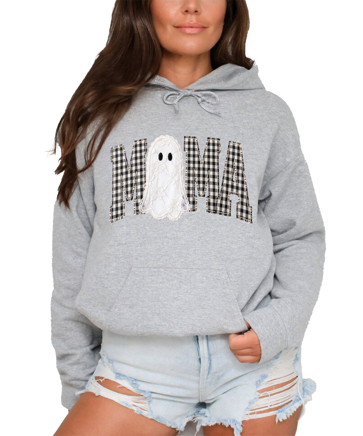 Gray hoodie with ink-printed black and white gingham MAMA lettering and a lace-look ghost, front view