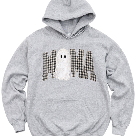 Gray gingham MAMA ghost Halloween hoodie, styled detail shot