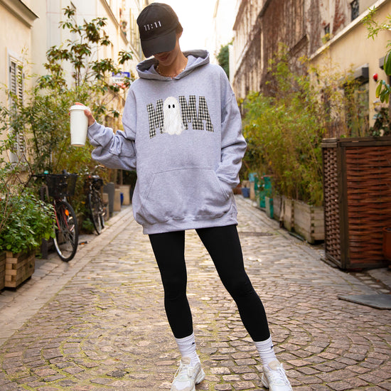 Gray gingham MAMA ghost Halloween hoodie, lifestyle shot