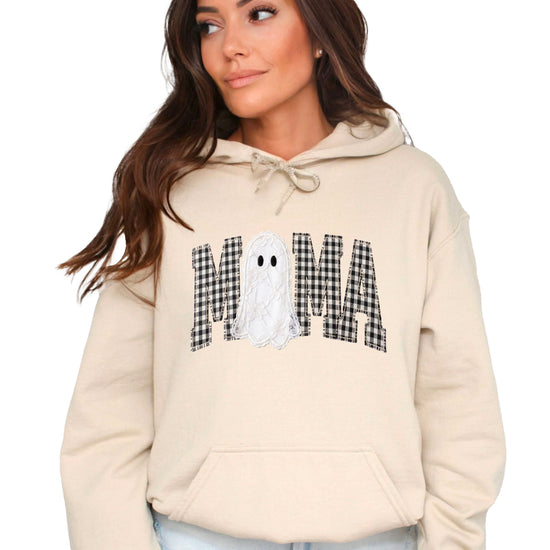 Sand hoodie with ink-printed black and white gingham MAMA lettering and a lace-look ghost, front view