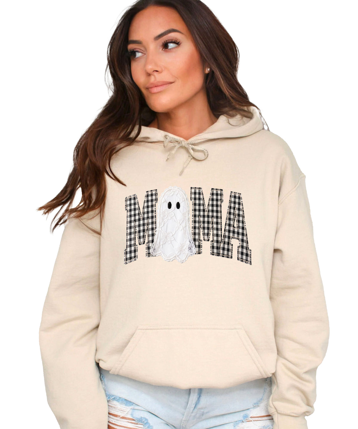 Sand hoodie with ink-printed black and white gingham MAMA lettering and a lace-look ghost, front view