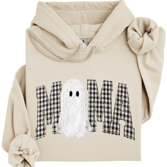 Sand gingham MAMA ghost Halloween hoodie, styled detail shot